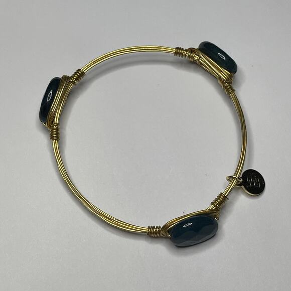 CBOURBON & BOWETIES gold tone bracelet deep blue faceted bangle wire wrapped - Picture 3 of 9